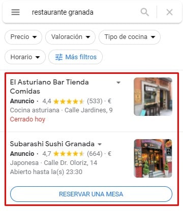 Ejemplo de local ads en buscadores